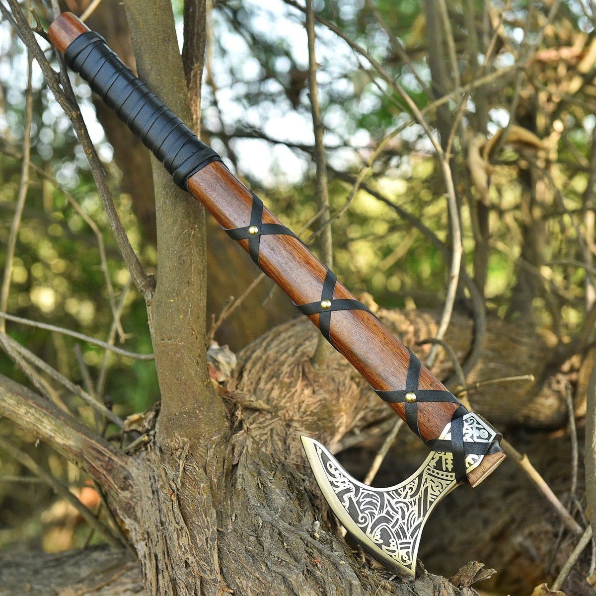 Handcrafted Viking Bearded Axe with Engraved Blade and Leather-Wrapped Handle