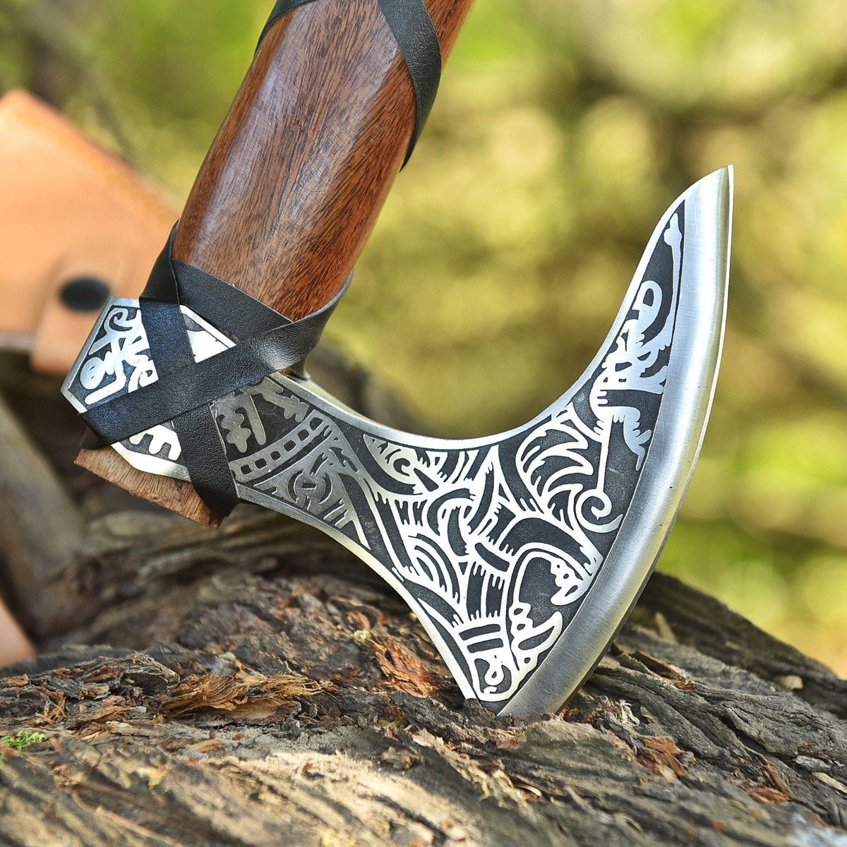 Handcrafted Viking Bearded Axe with Engraved Blade and Leather-Wrapped Handle