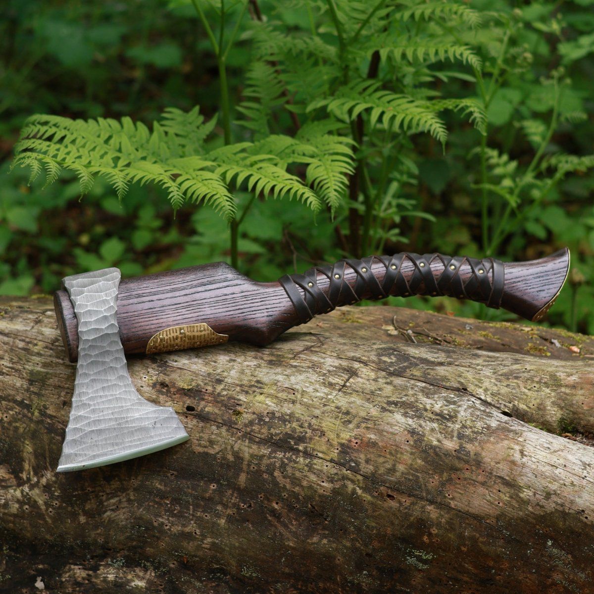 Hand-Forged Viking Hatchet with Hammered Blade and Curved Leather-Wrapped Handle (with Wooden Display Box)