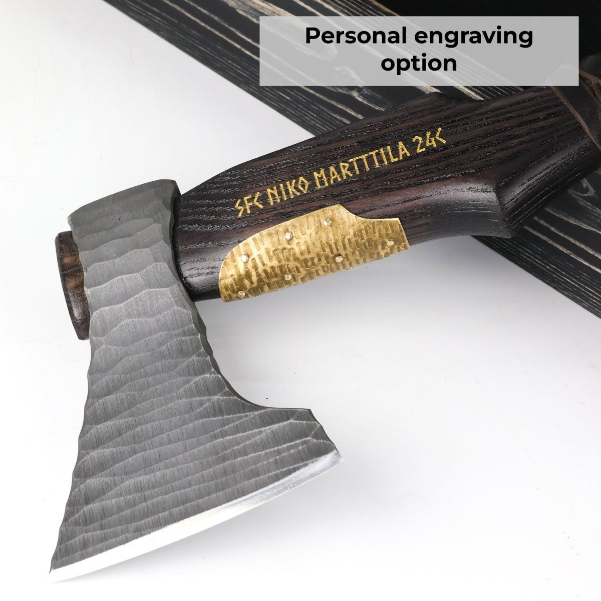 Hand-Forged Viking Hatchet with Hammered Blade and Curved Leather-Wrapped Handle (with Wooden Display Box)