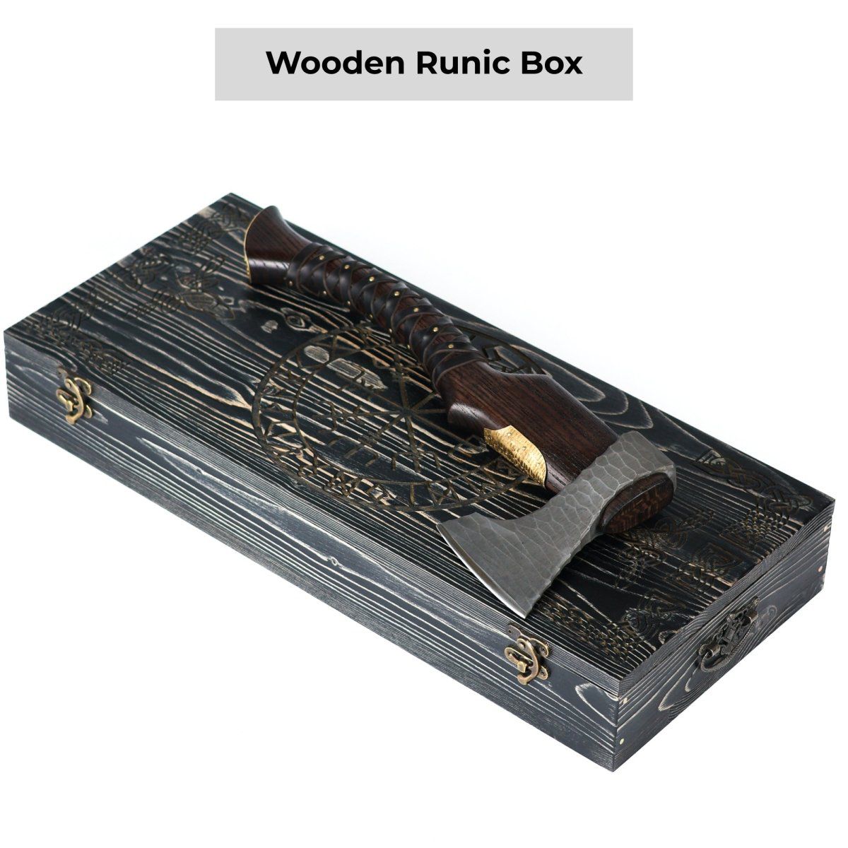 Hand-Forged Viking Hatchet with Hammered Blade and Curved Leather-Wrapped Handle (with Wooden Display Box)