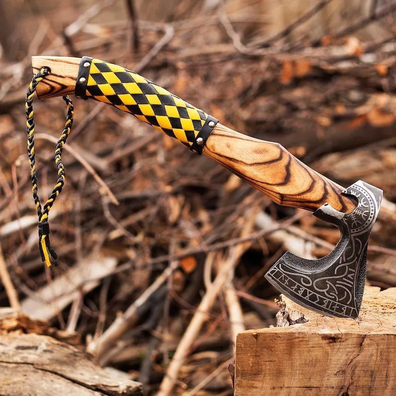 Handcrafted Viking Bearded Axe with Engraved Carbon Steel Head and Burnt Ash Wood Handle