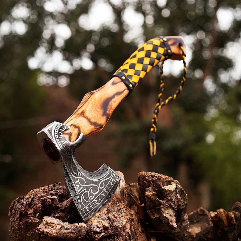 Handcrafted Viking Bearded Axe with Engraved Carbon Steel Head and Burnt Ash Wood Handle