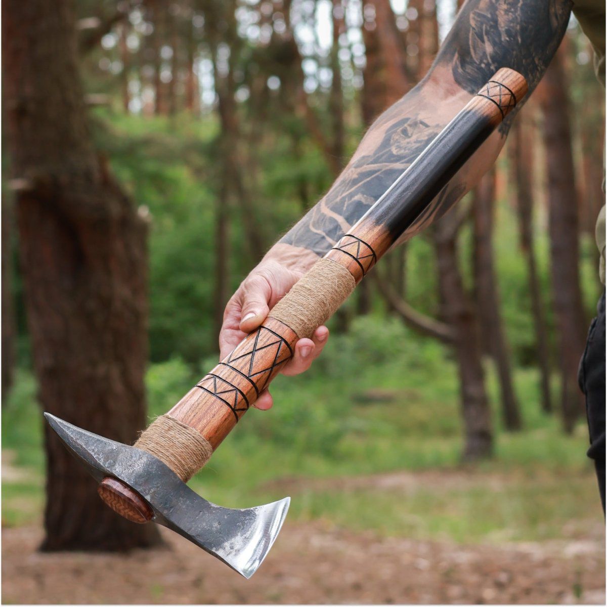 Hand-Forged Viking Battle Axe with Wrapped Handle and Carbon Steel Blade