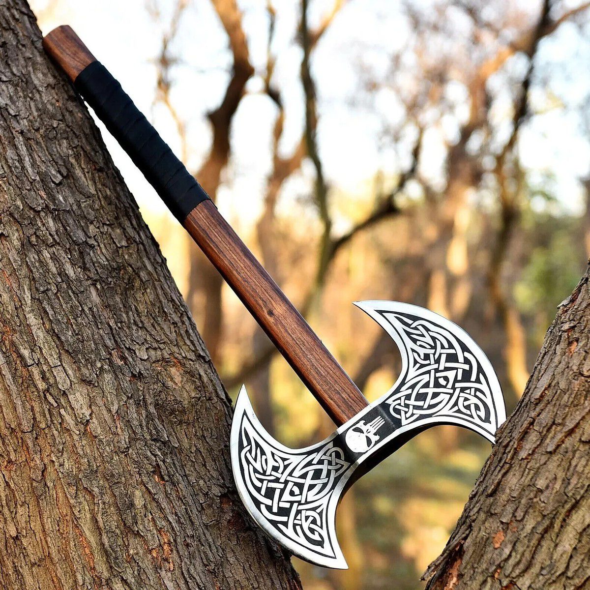Viking Double-Headed Battle Axe with Celtic Knot Engravings