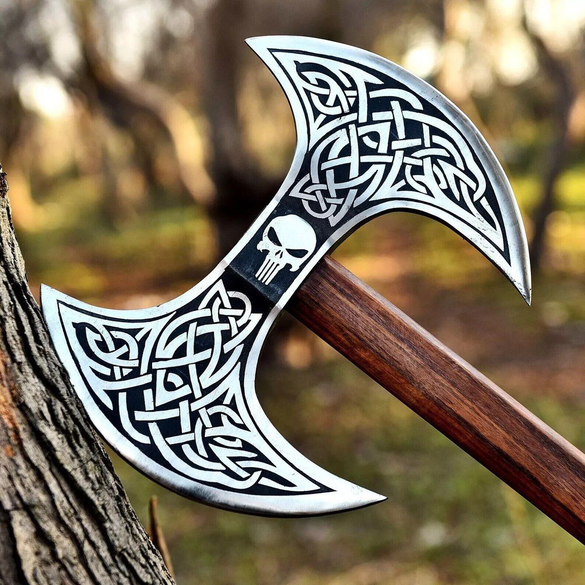 Viking Double-Headed Battle Axe with Celtic Knot Engravings