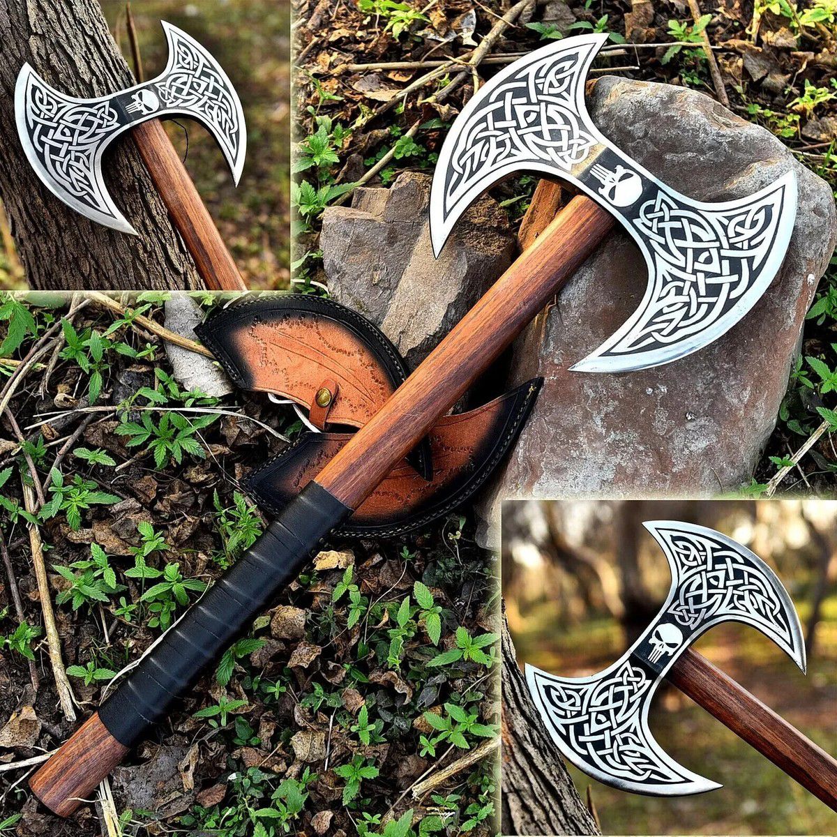 Viking Double-Headed Battle Axe with Celtic Knot Engravings