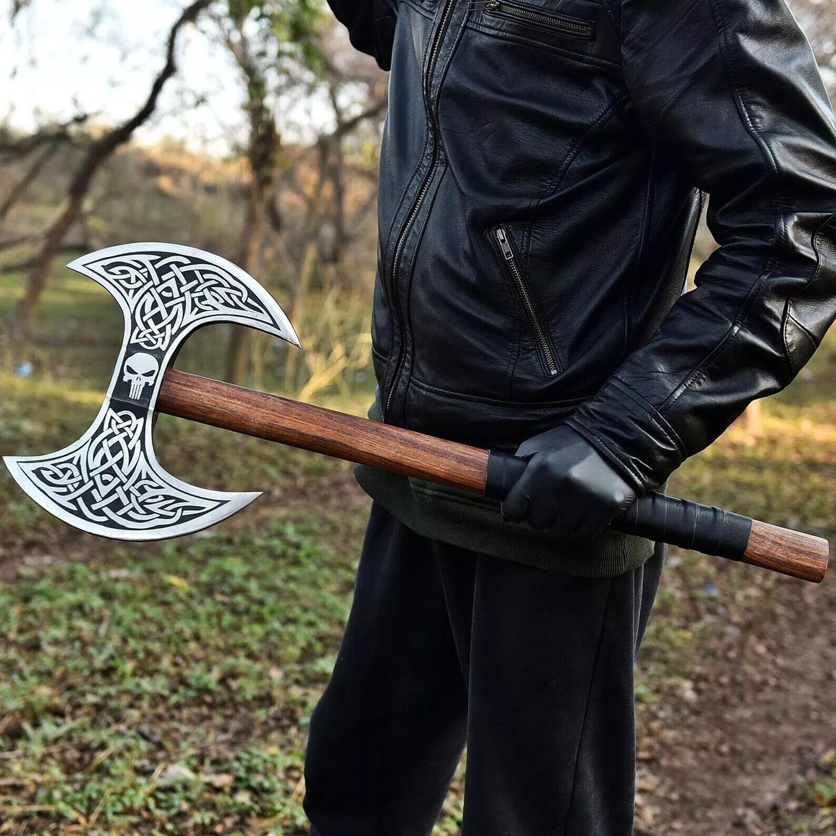 Viking Double-Headed Battle Axe with Celtic Knot Engravings