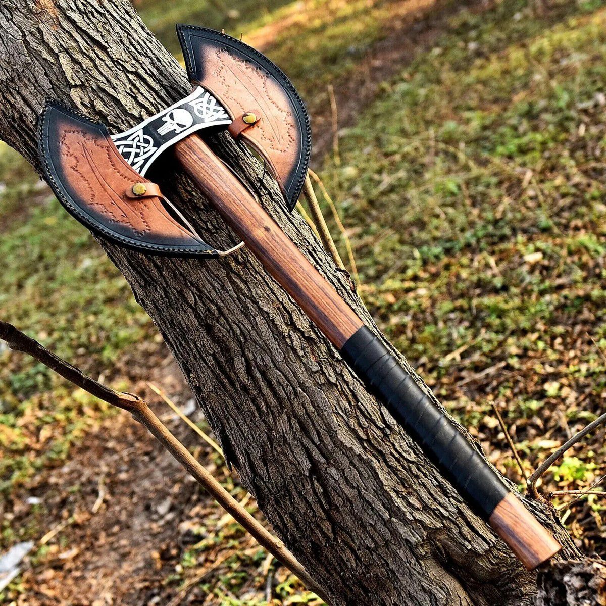 Viking Double-Headed Battle Axe with Celtic Knot Engravings