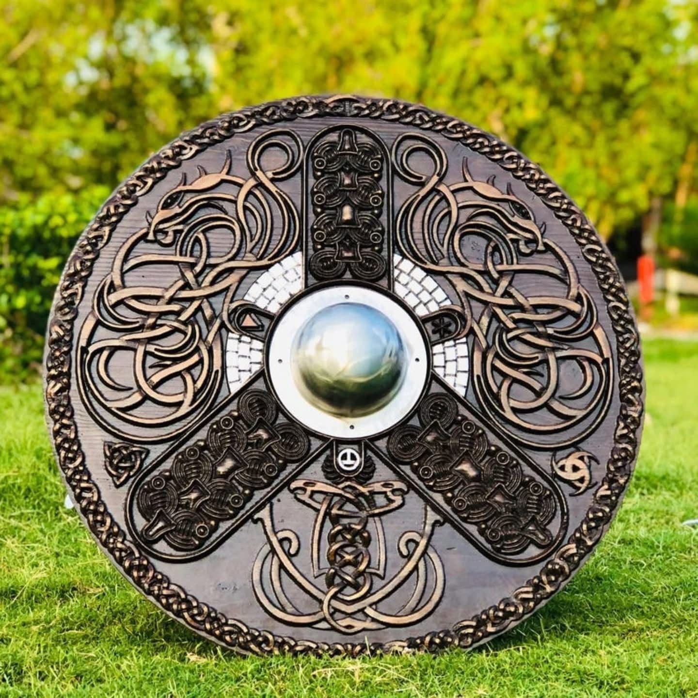 Viking Celtic Shield – Handcrafted Wooden Design with Intricate Carvings