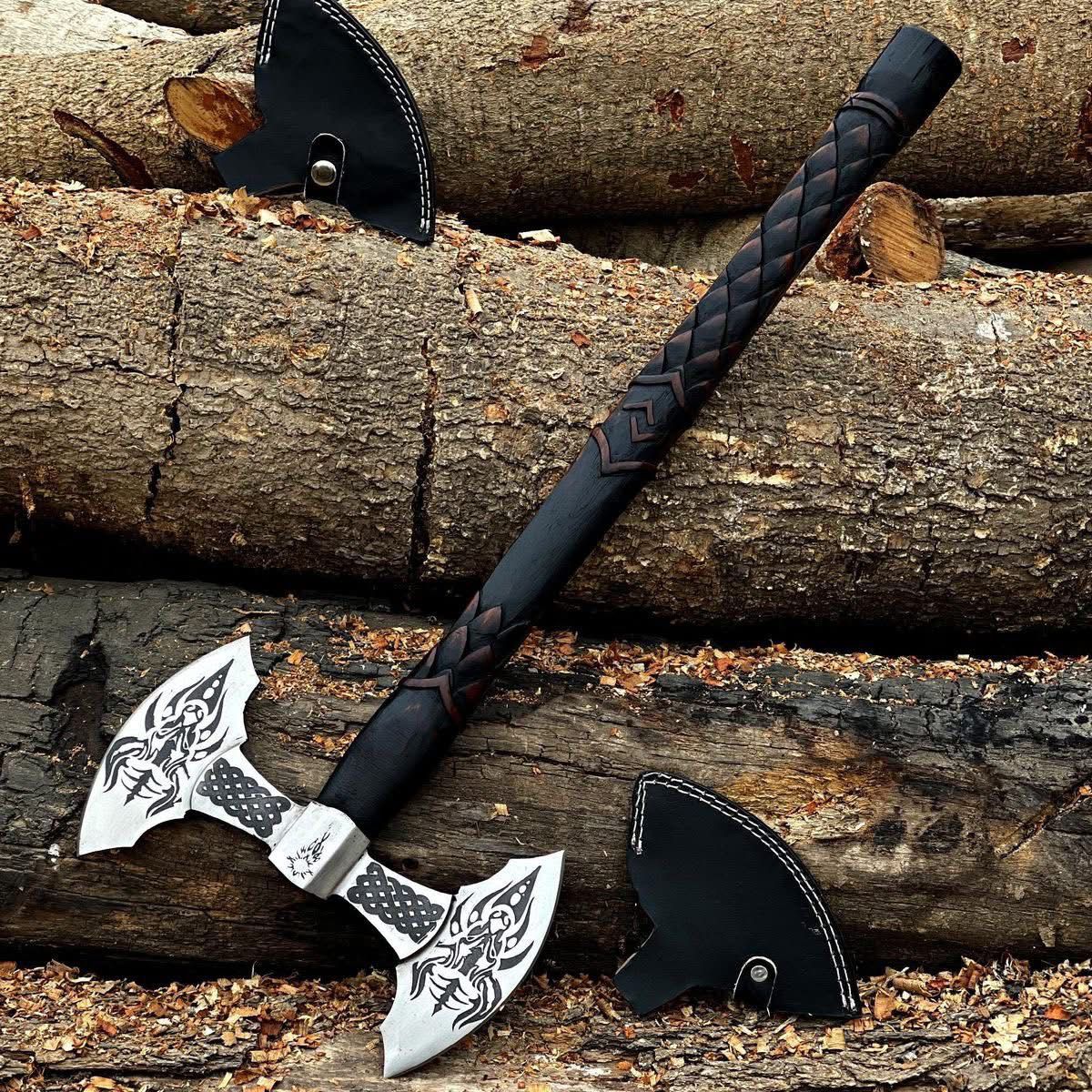 Hand-Forged Double Headed Viking Axe – Carved Handle with Dual Leather Sheaths