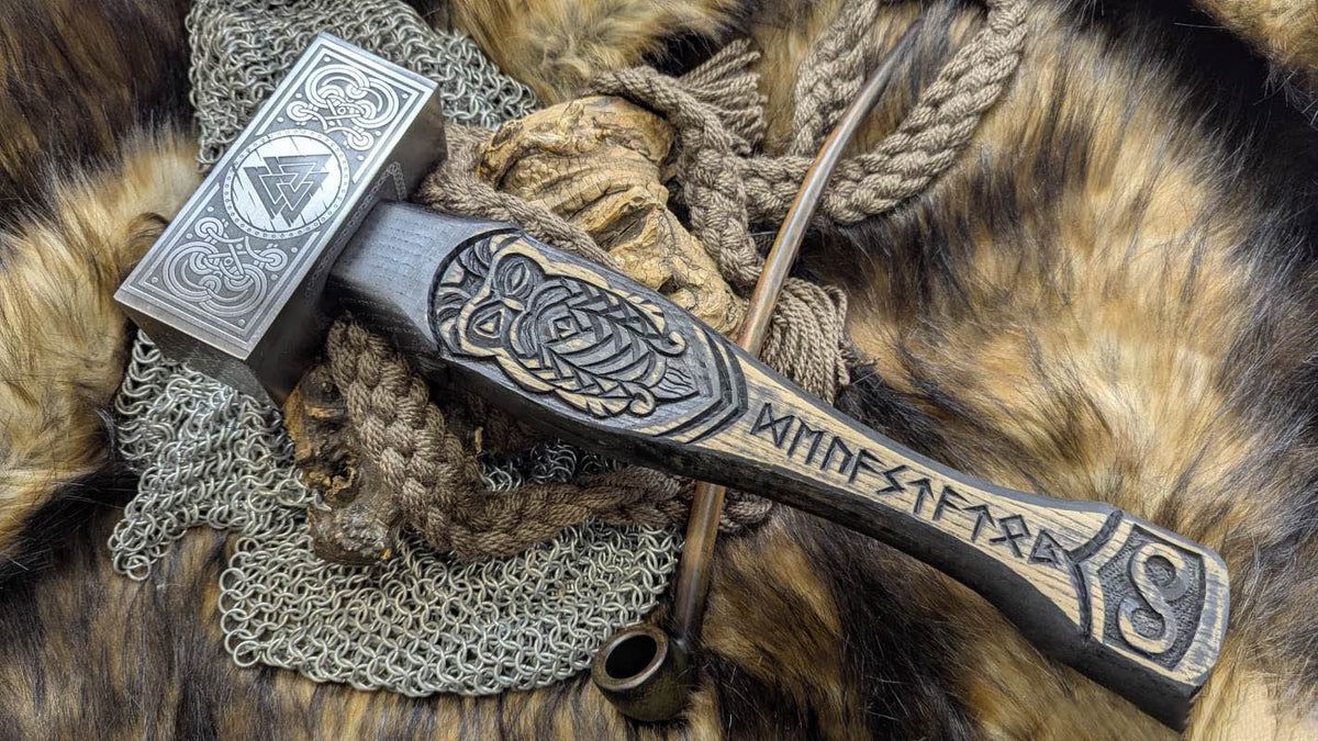 Viking-Style Mjolnir Hammer with Elder Futhark Runes and Valknut Symbol
