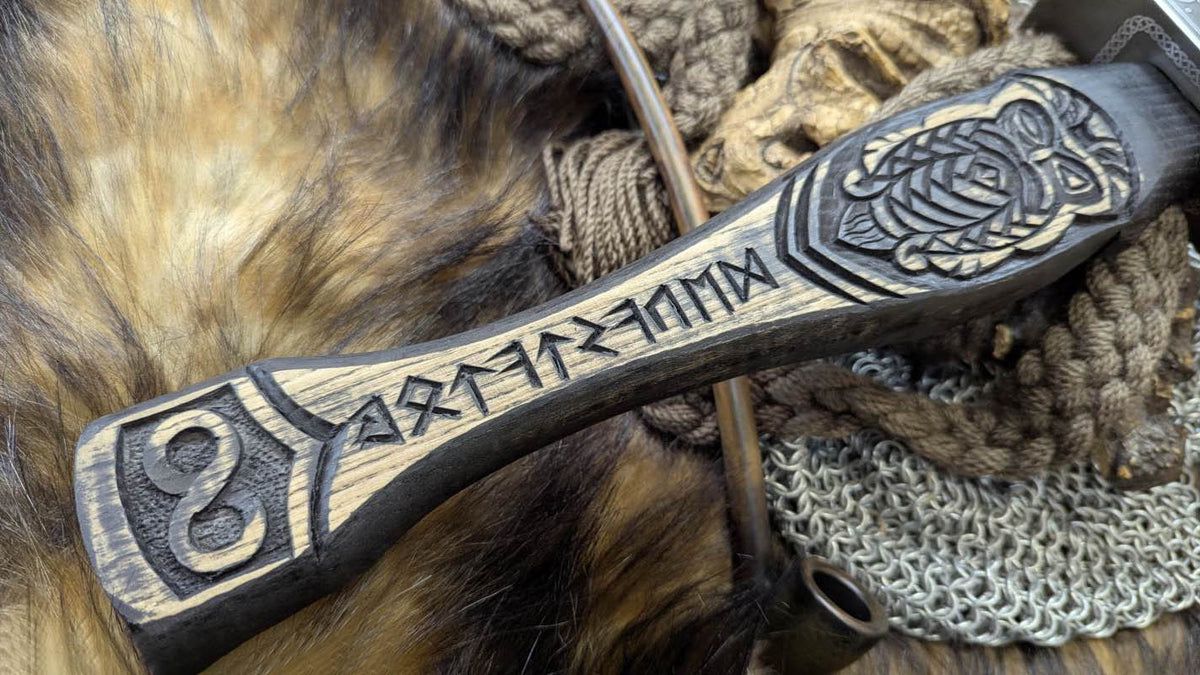 Viking-Style Mjolnir Hammer with Elder Futhark Runes and Valknut Symbol