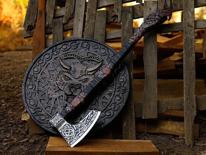 Viking Wolf Shield & Battle Axe Set – Hand-Carved Wooden Shield with Engraved Axe