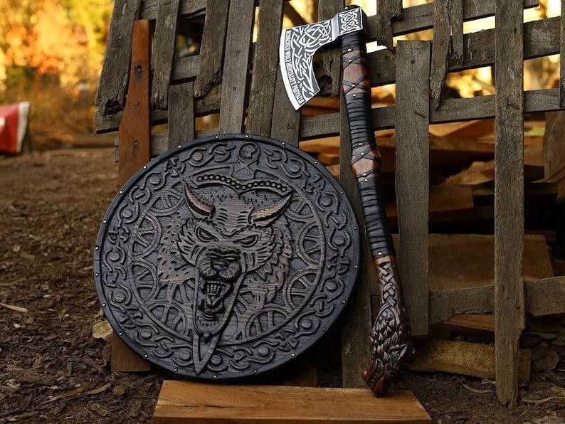 Viking Wolf Shield & Battle Axe Set – Hand-Carved Wooden Shield with Engraved Axe
