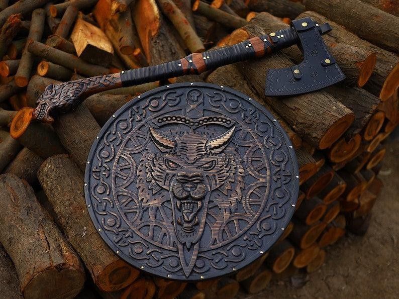 Viking Wolf Shield & Battle Axe Set – Hand-Carved Wooden Shield with Engraved Axe