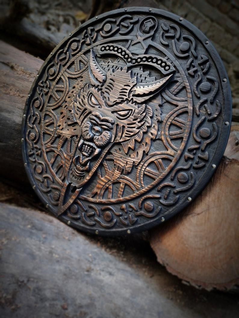 Viking Wolf Shield & Battle Axe Set – Hand-Carved Wooden Shield with Engraved Axe