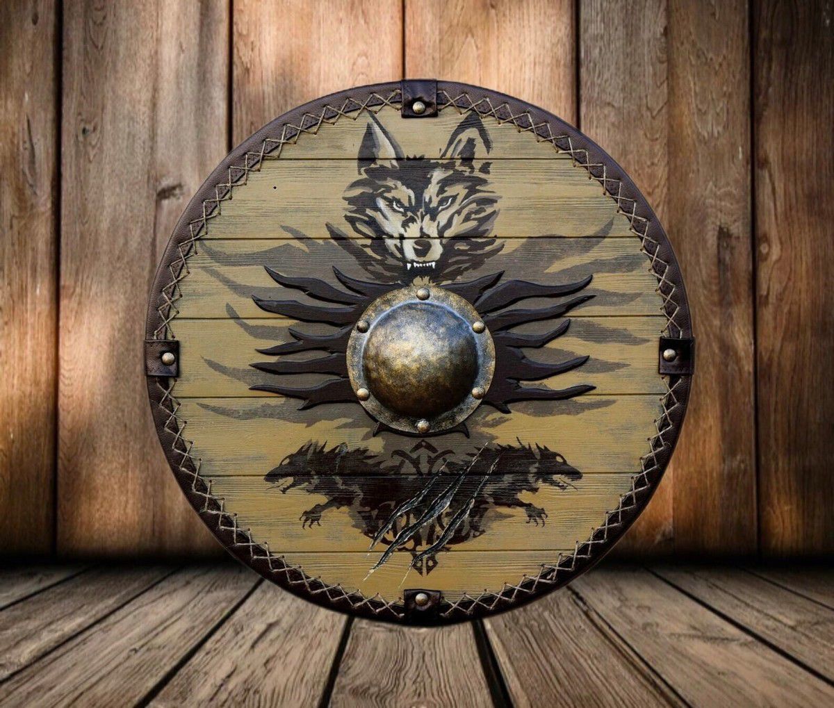 Viking Wolf-Emblem Shield with Brass Boss and Nordic Claw Design