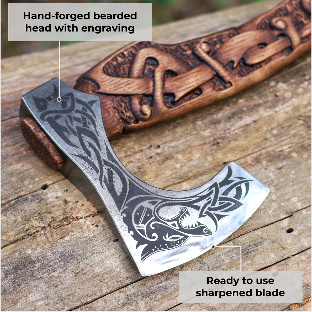 Viking Wolf-Head Battle Axe – Hand-Carved Handle with Leather Sheath