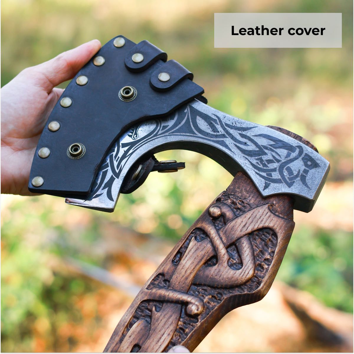 Viking Wolf-Head Battle Axe – Hand-Carved Handle with Leather Sheath