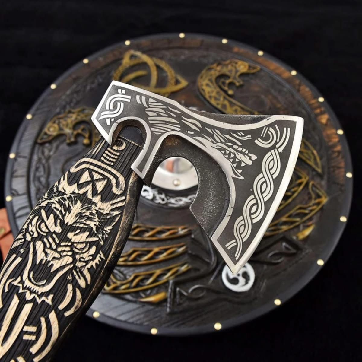 Viking Dragon Shield & Axe Set – Handcrafted Wooden Shield with Engraved Norse Axe