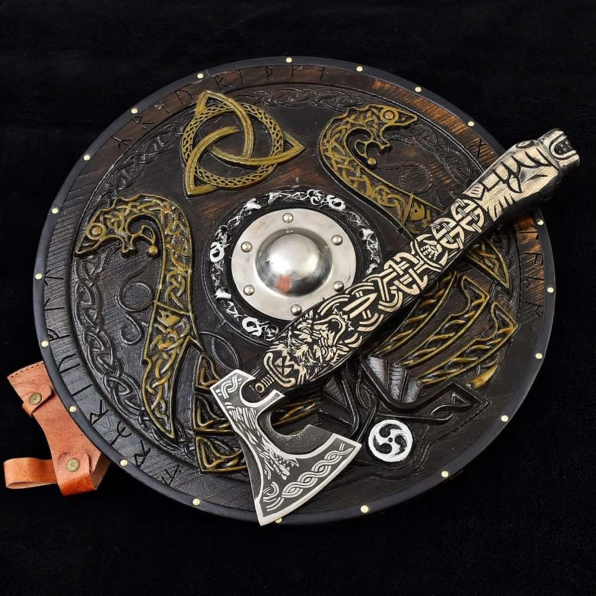 Viking Dragon Shield & Axe Set – Handcrafted Wooden Shield with Engraved Norse Axe