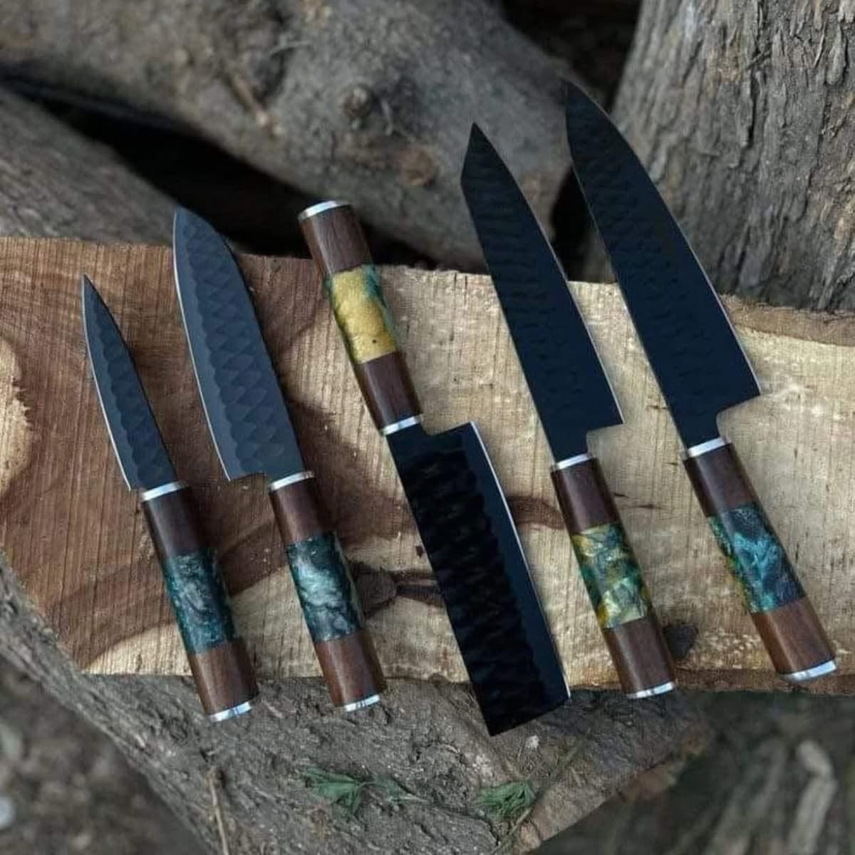 Handcrafted Damascus Steel Knife Set with Resin Inlay Handles