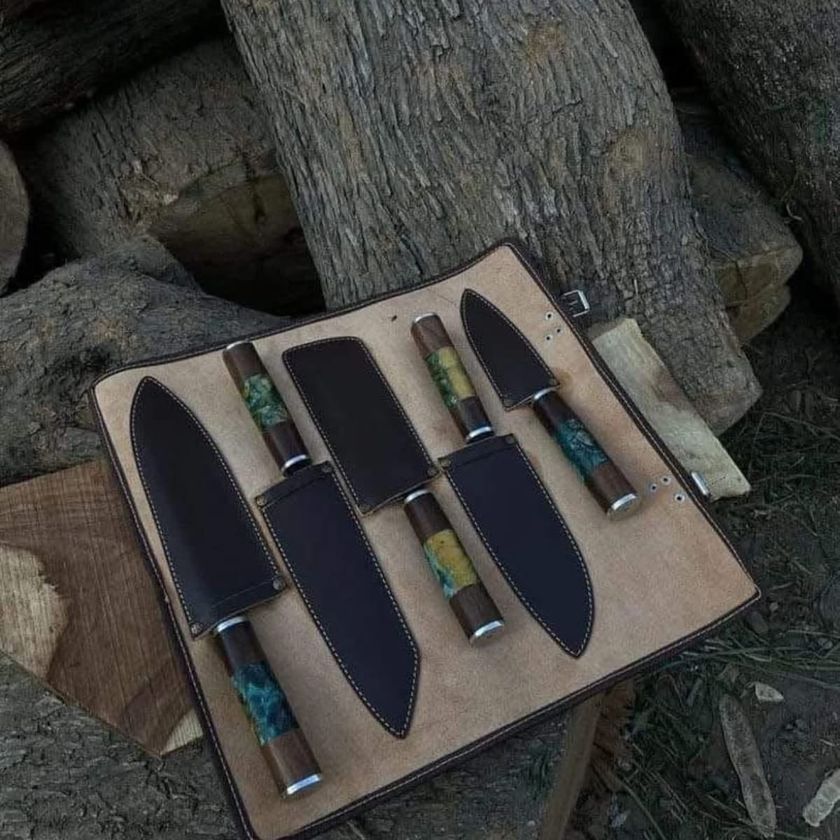Handcrafted Damascus Steel Knife Set with Resin Inlay Handles