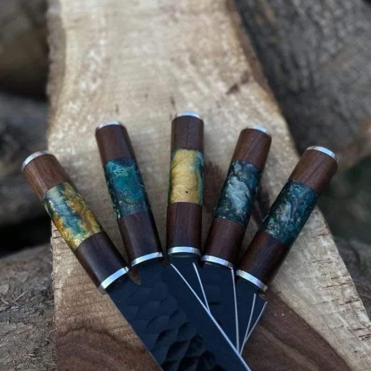 Handcrafted Damascus Steel Knife Set with Resin Inlay Handles