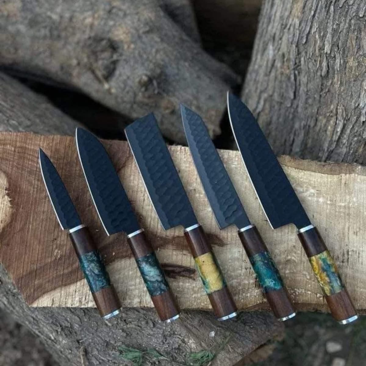 Handcrafted Damascus Steel Knife Set with Resin Inlay Handles