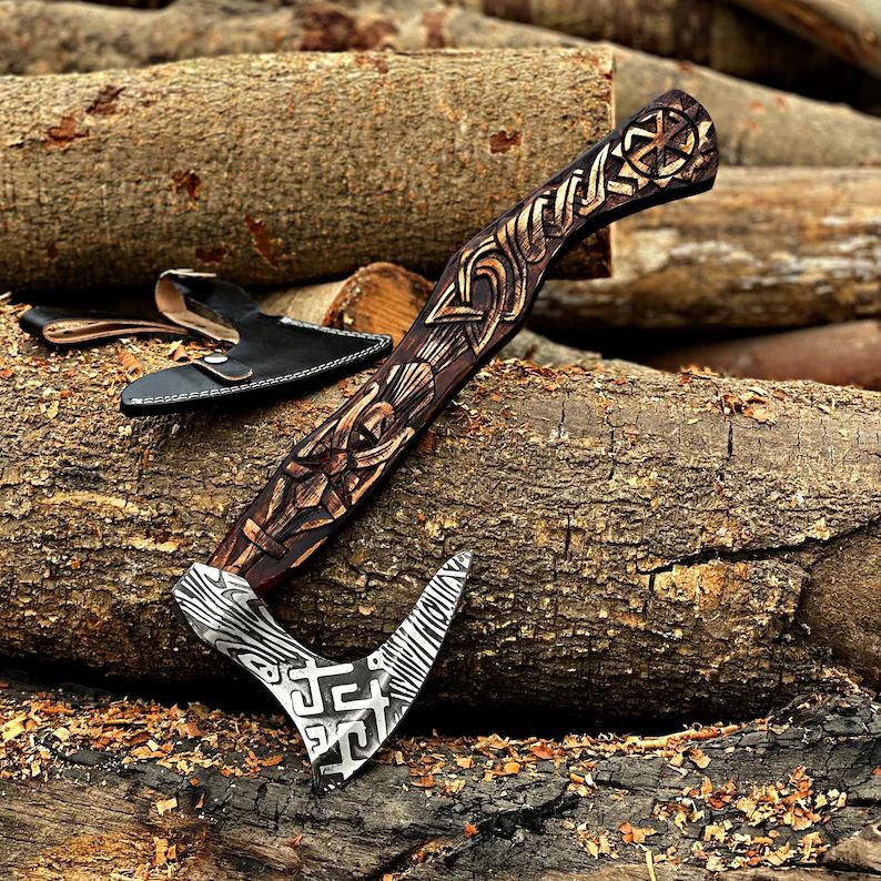 Hand-Forged Viking Battle Axe with Carved Wooden Handle and Leather Sheath – Damascus Steel Head