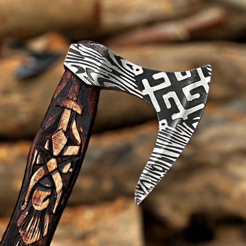 Hand-Forged Viking Battle Axe with Carved Wooden Handle and Leather Sheath – Damascus Steel Head