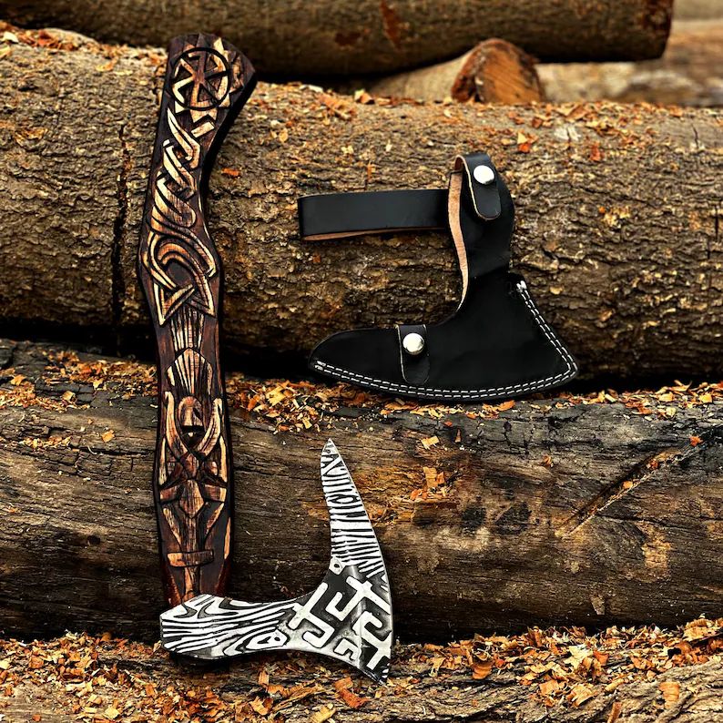 Hand-Forged Viking Battle Axe with Carved Wooden Handle and Leather Sheath – Damascus Steel Head