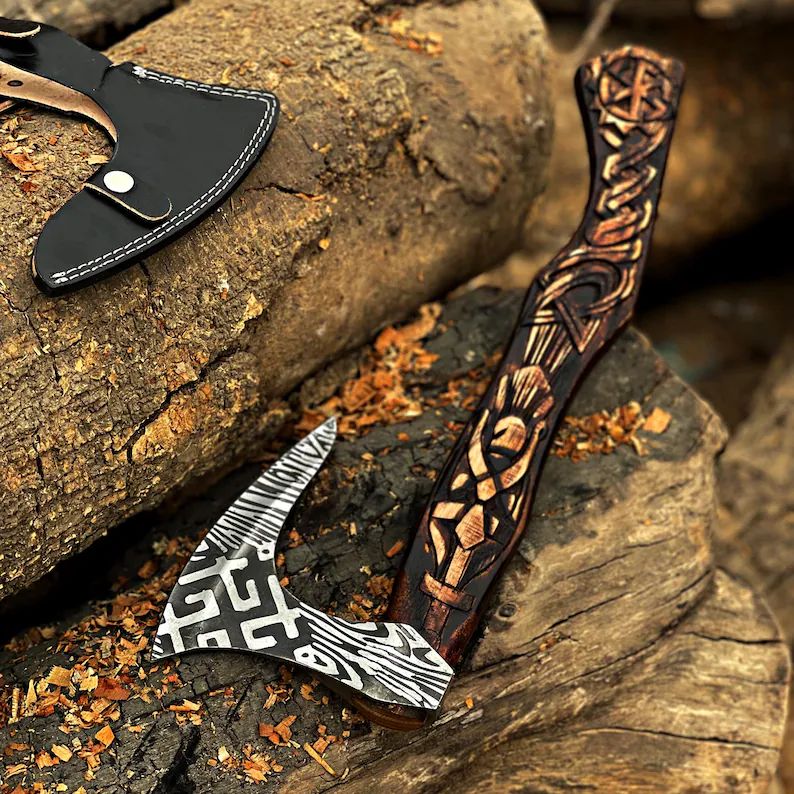 Hand-Forged Viking Battle Axe with Carved Wooden Handle and Leather Sheath – Damascus Steel Head