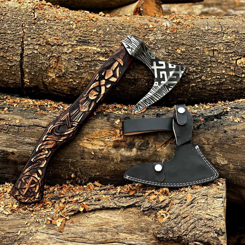 Hand-Forged Viking Battle Axe with Carved Wooden Handle and Leather Sheath – Damascus Steel Head