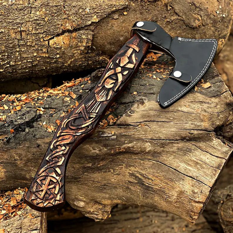 Hand-Forged Viking Battle Axe with Carved Wooden Handle and Leather Sheath – Damascus Steel Head