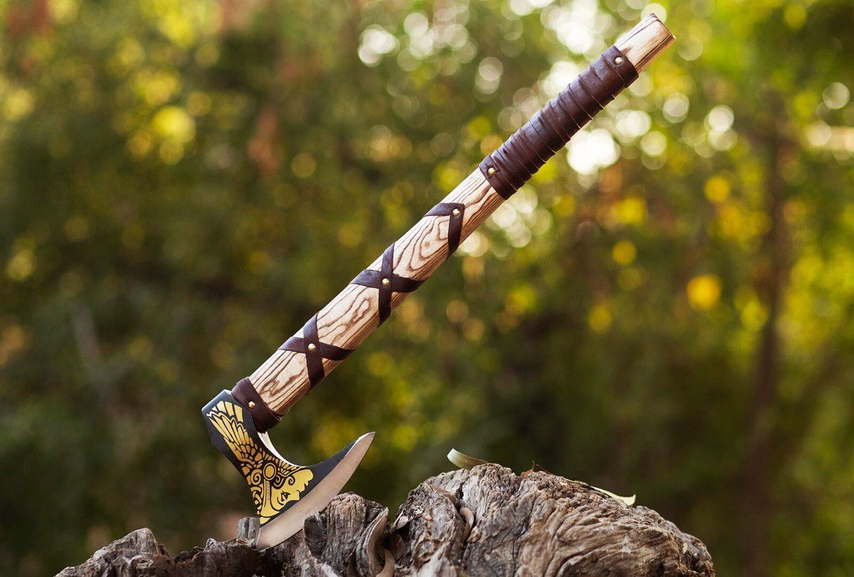 🪓 Oathkeeper Axe – Handcrafted Viking Axe with Nordic Engravings and Leather-Wrapped Ash Handle