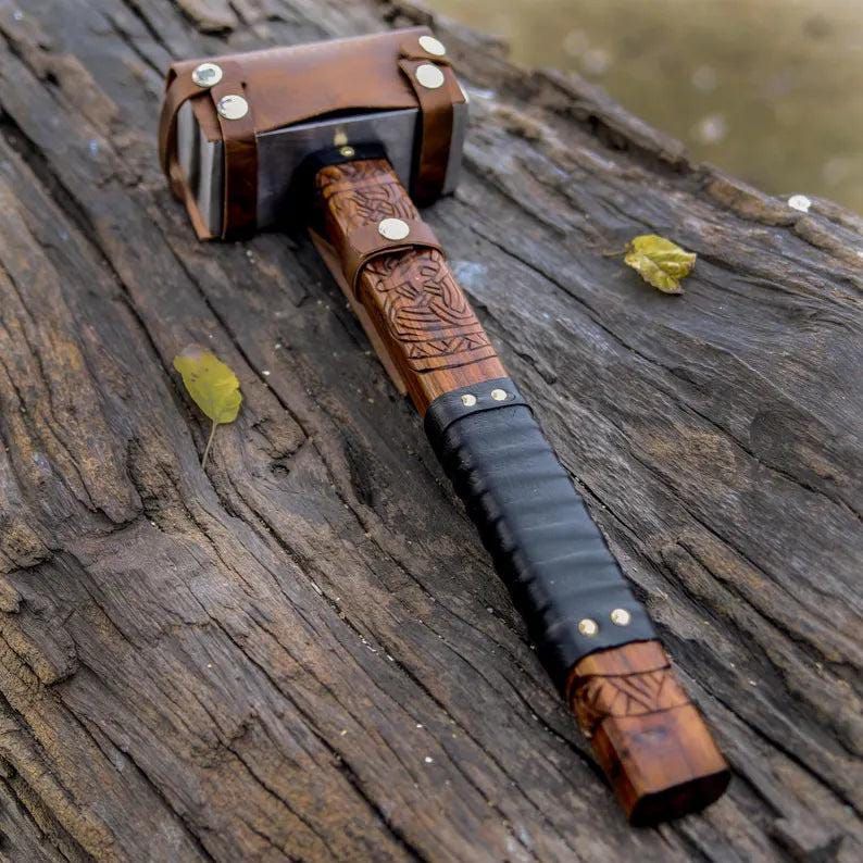Viking Thor Hammer with Celtic Engraving and Leather-Wrapped Handle