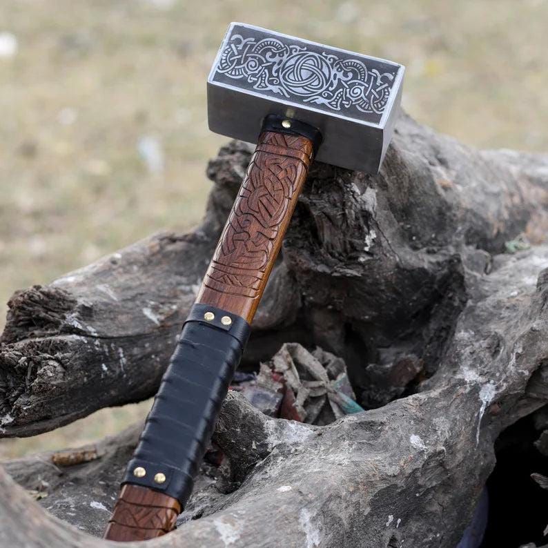 Viking Thor Hammer with Celtic Engraving and Leather-Wrapped Handle