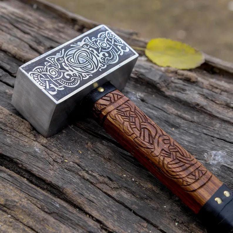 Viking Thor Hammer with Celtic Engraving and Leather-Wrapped Handle