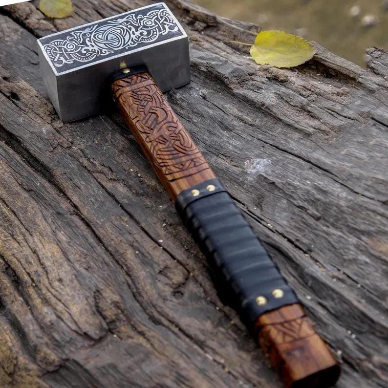 Viking Thor Hammer with Celtic Engraving and Leather-Wrapped Handle