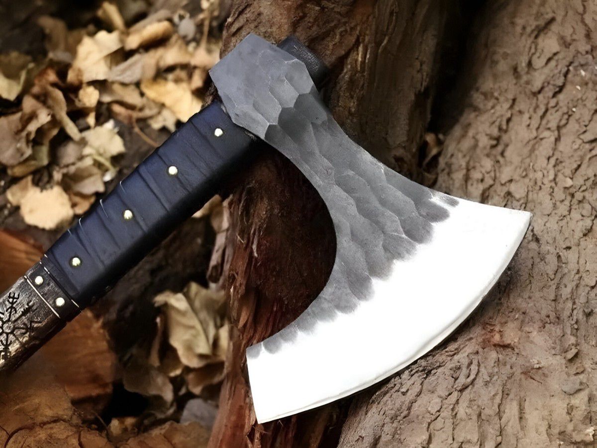 Viking War Axe – Hammered Steel Blade with Black Leather-Wrapped Handle
