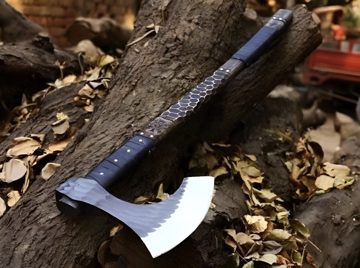Viking War Axe – Hammered Steel Blade with Black Leather-Wrapped Handle