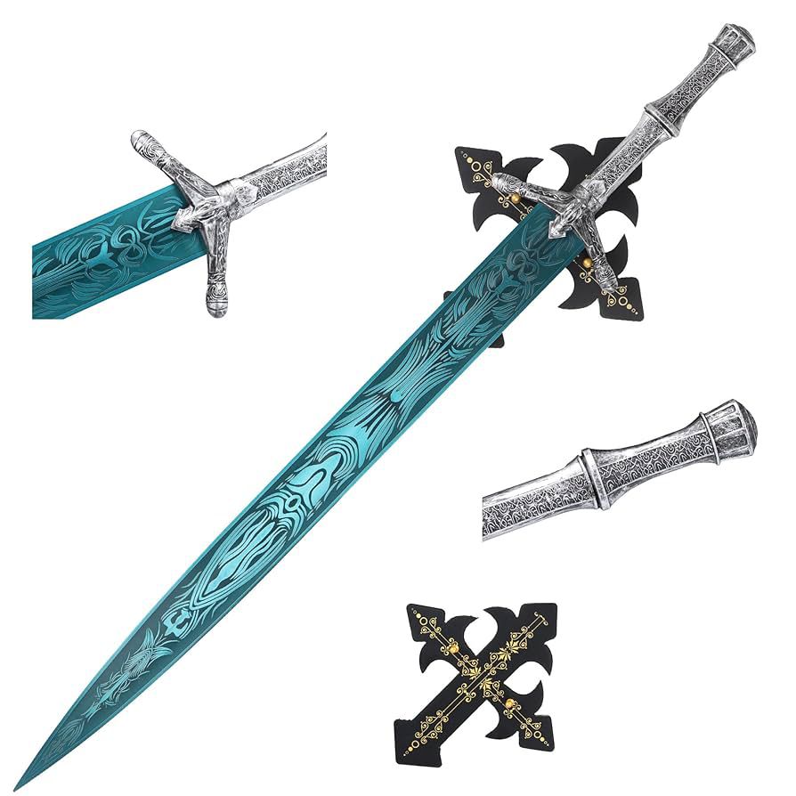 Damascus Steel Sword with Silver Crossguard and Intricate Blade Design and Display stand