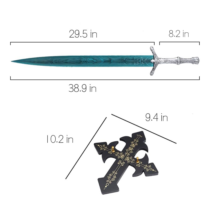 Damascus Steel Sword with Silver Crossguard and Intricate Blade Design and Display stand