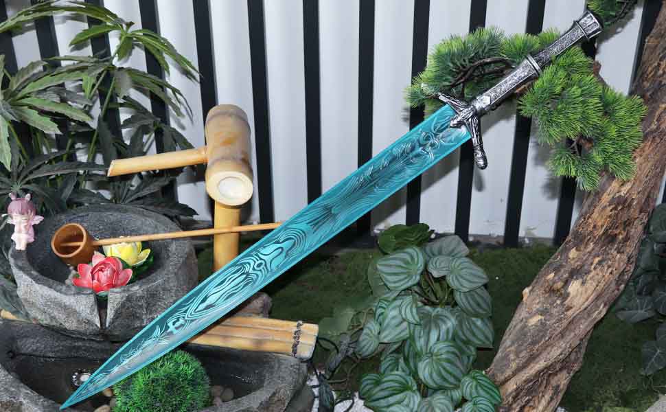 Damascus Steel Sword with Silver Crossguard and Intricate Blade Design and Display stand