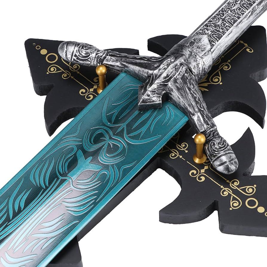 Damascus Steel Sword with Silver Crossguard and Intricate Blade Design and Display stand