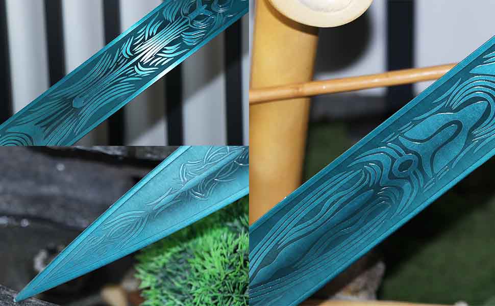 Damascus Steel Sword with Silver Crossguard and Intricate Blade Design and Display stand