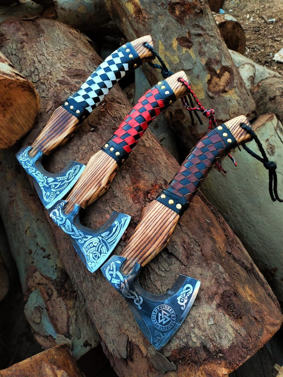 Viking-Style Mini Axes – Handcrafted with Intricate Carvings and Leather Handles (Set of 3)