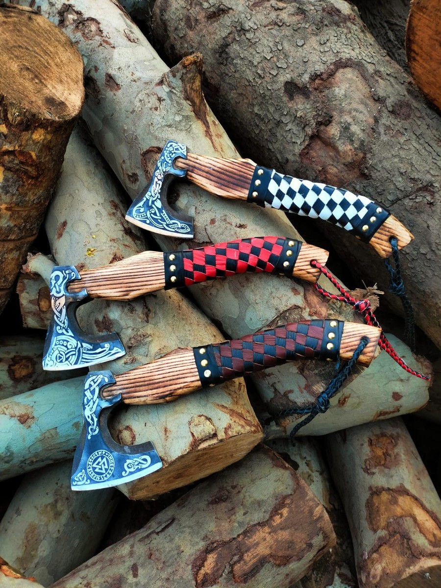 Viking-Style Mini Axes – Handcrafted with Intricate Carvings and Leather Handles (Set of 3)